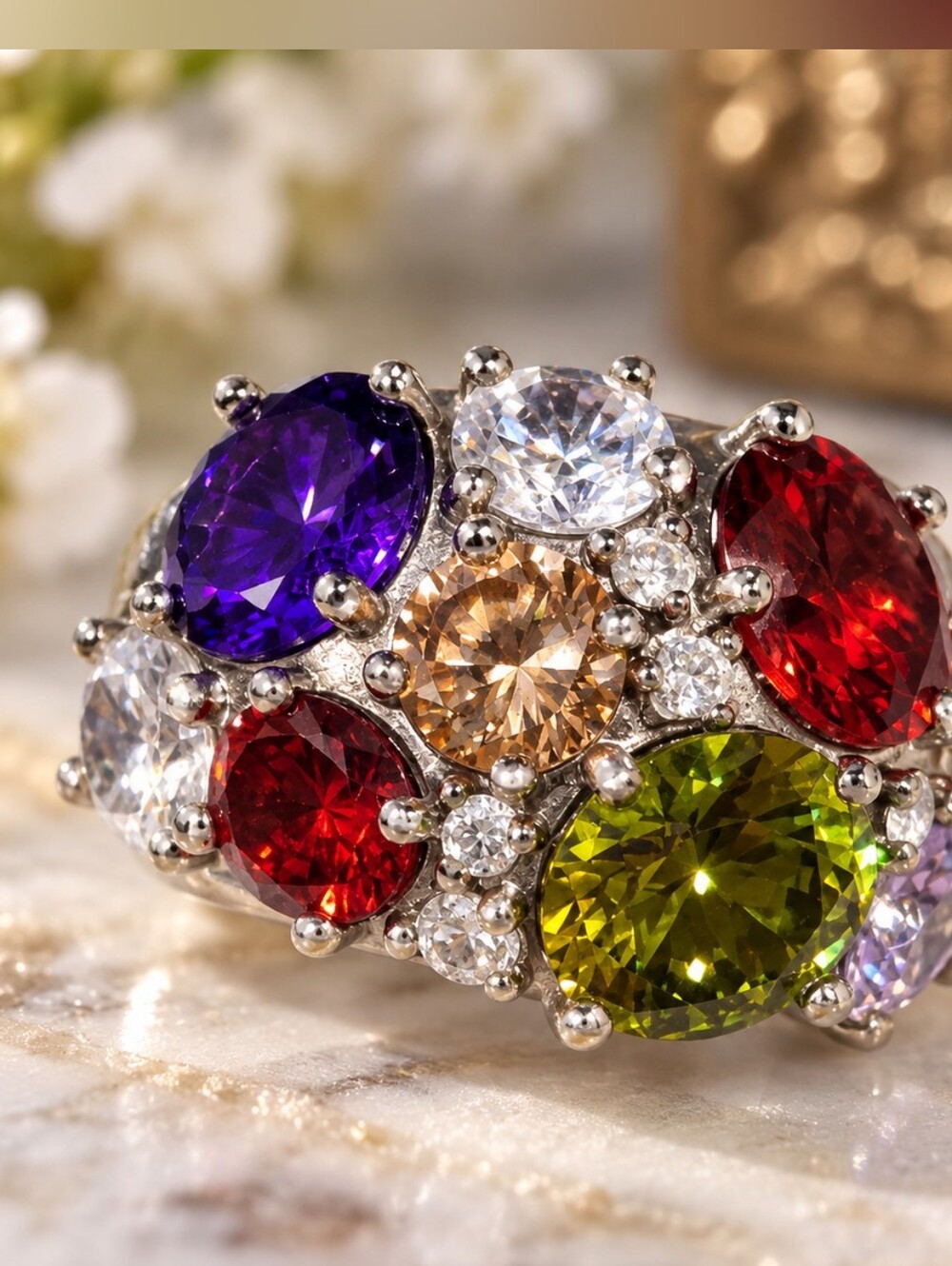 Vintage NVC Nataliya V Collister Multicolor CZ Cocktail Ring Size 10 Statement